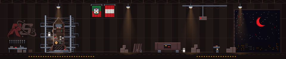 Pixelgrafik: eine Rakete steht im Gerüst einer Werkstatthalle, ein Techniker schweißt an der Hülle, im Hintergrund das offene Hallentor mit rotem Sichelmond.