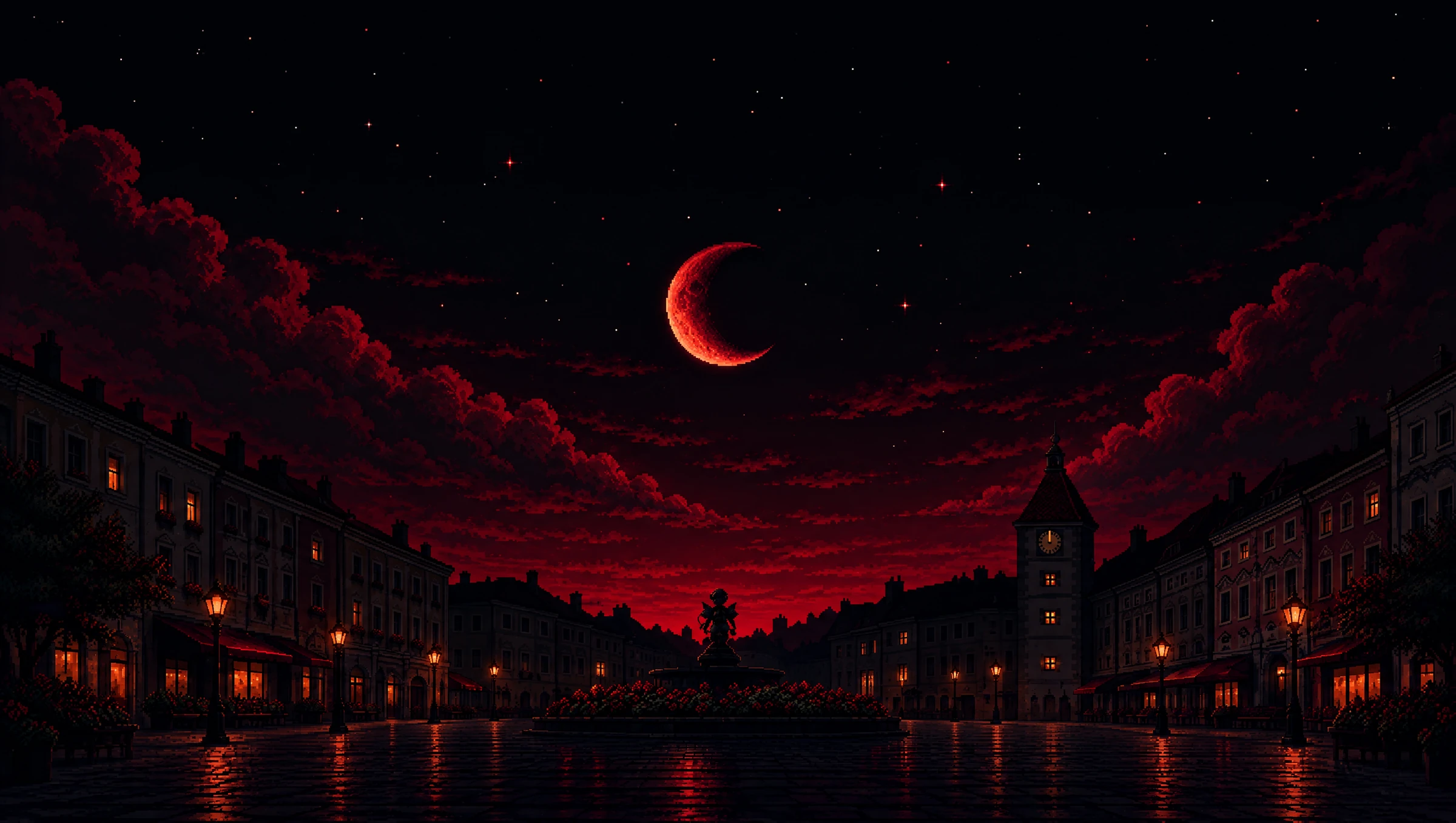 Pixelart-Stadtplatz bei Nacht: roter Sichelmond, Uhrturm, Brunnen und nasse Pflastersteine im Laternenlicht